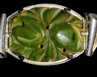 Beautiful Chrome and deeply carved green bakelite brooch
