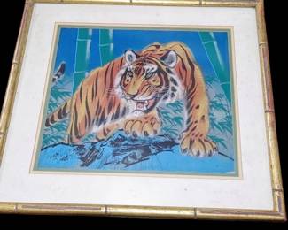 Beautiful Japanese tiger painting on silk bamboo frame. Slight water damage on the left. Sold as is really can't tell unless you get really close