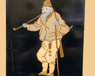Vintage Chinese Metal Inlay Enamel & Lacquered Wood Wall Panel Man Smoking Pipe