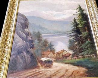 Beautiful antique landscape mountains - old homes mountains and Lake
Signed oil on canvas