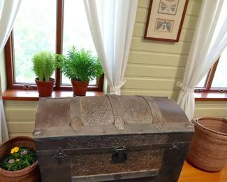 Antique Victorian childs/children's travel steamer trunk or toy box on Tiny Wheels