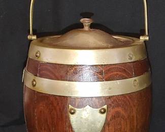 English Oak biscuit Barrel with porcelain insert