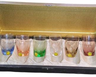 Vintage Saki Cordial Shot Glasses Multi Colored Made in Japan Set of 6 in Case.
Never used original case beautiful colors pristine condition