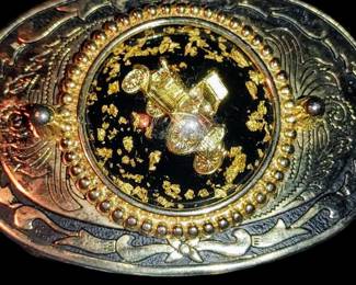 Western Belt Buckle Frontier Covered Vintage Ford Car Cowgirl Cowboy Vtg 80s W USA Lucite with Gold Flecks