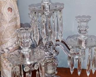 Gorgeous pair of three light candelabra in the Old Williamsburg design by Heisey. This candelabra's consists of 44 individual pieces