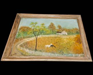 Oil on canvas folk art with horses and house. Beautiful colors and rustic frame
Signed "F. Davis"