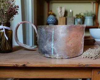 Stunning antique solid copper pot and forged heart-shaped Hardware