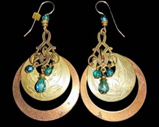 Copper & Brass vintage dangle earrings or ornate with glass dangle accents
