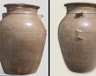 Signed J. W. Antique Stoneware Crock ( unfortunately both handles are broken off.