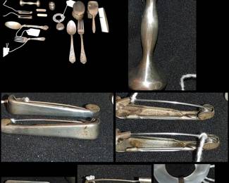 Sterling silver diaper pins rattle spoons Etc