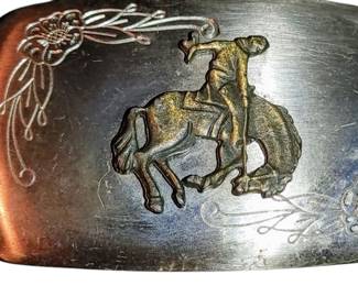 Vintage Belt Buckle Bucking Bronco Cowboy on Silver Chrome Buckle Western Design