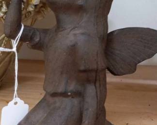 Old Cast Iron Kneeling Angel Bird Garden Fairy Statue