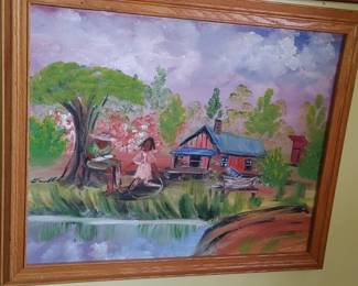 Wonderful old picture Red Barn with little girl and mother sitting by the lake