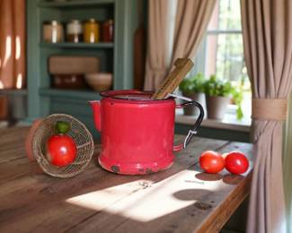 Wonderful old red enamelware kettle no top