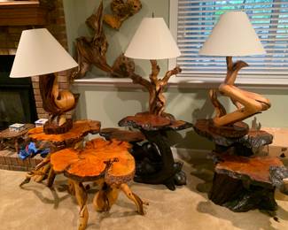 Sculptural wood table lamps and end tables