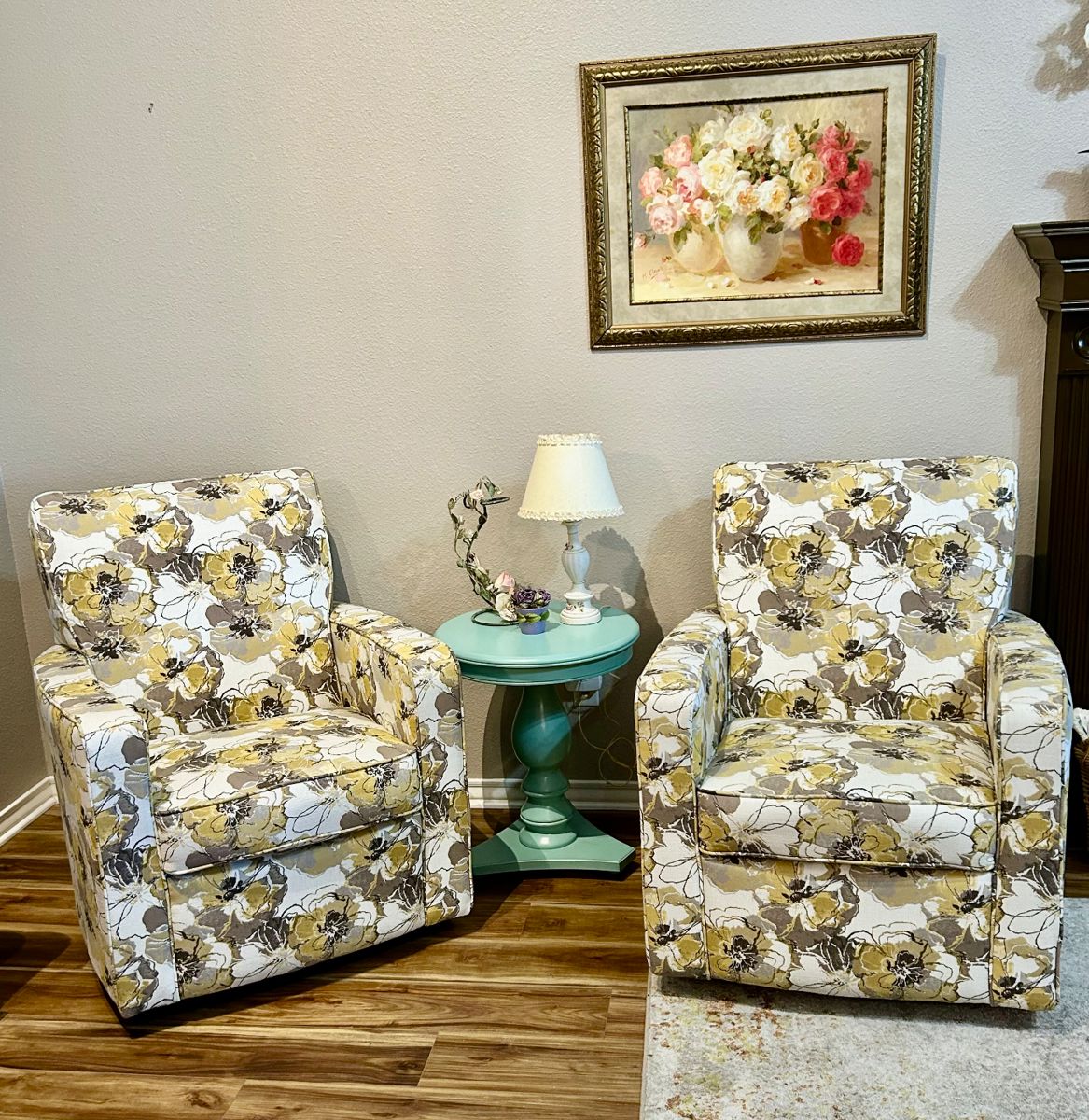 Floral Lazy Boy swivel upholstered chairs, turquoise pedestal table