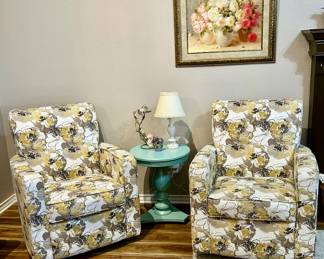 Floral Lazy Boy swivel upholstered chairs, turquoise pedestal table