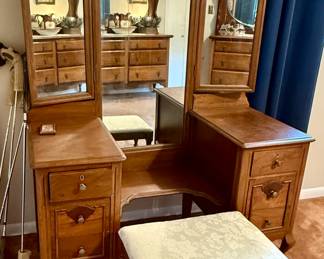 Vintage Vanity with Mirrors and Stool