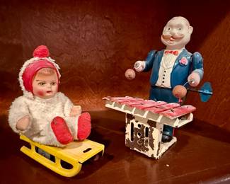 Windup Snowbaby on Sled and Windup Xylophone Player