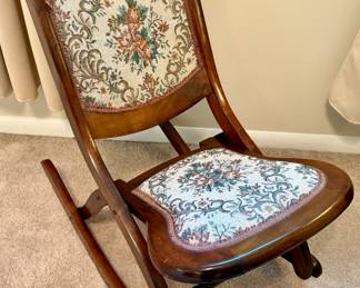 Antique Wooden Carved Rose Folding Rocking Chair - Tapestry Fabric
