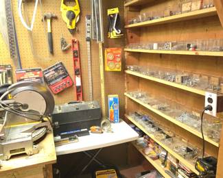 DeWalt Miter Saw; Assorted Hand Tools; Levels; Hand Saws; Nails & Screws in assorted sizes; Measuring Tapes & Rulers; Tool Boxes; Roof Melt; Grizzly Electric Cord Reel and lots more to sort through, much is still new and unopened!