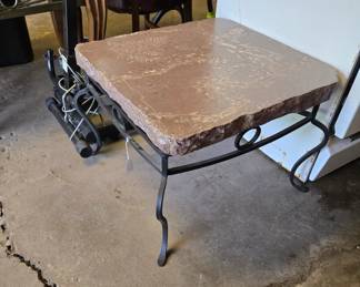 Stone Top Wrought Iron Base End Table