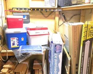 Assorted Plastic Coolers; New Hose; New Tarps; Pet/Child Gate; Totes; Wood Pieces; Superyard XT Pet Crate; Smaller Pet Crate; 4" LED Shop Light with Bulbs