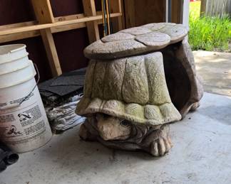 Cement Turtle Bench; Fishing Poles; Buckets