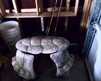 Cement Turtle Bench; Fishing Poles; Buckets