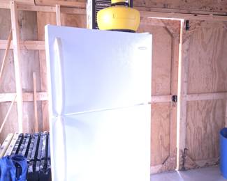 Frigidaire Refrigerator; Folding Metal Tables with Attached Stools; Outdoor Lantern/Light