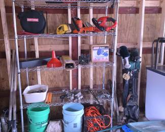 Metal Shelving; Lawn & Leaf Blowers; Craftsman Air Hose Reel; Auto Chains; Log Chains; Weather Guard Hitch Step; Electric Trimmer; Electric Cords; Golf Club Set with Bag; Post Hole Digger and much more!