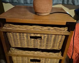 Salt lamp. It works, yes. $15 and wicker in wood - one of those Ikea night tables - $20