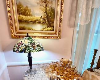 Fostoria Jamestown Amber Swirl Glasses, Tiffany-Style Lamp, Landscape Art