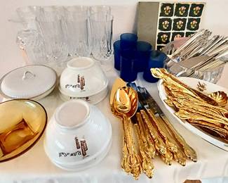 Gold Tone Flatware, Bowls From Old Dallas Restaurant "Ports 0 Call"