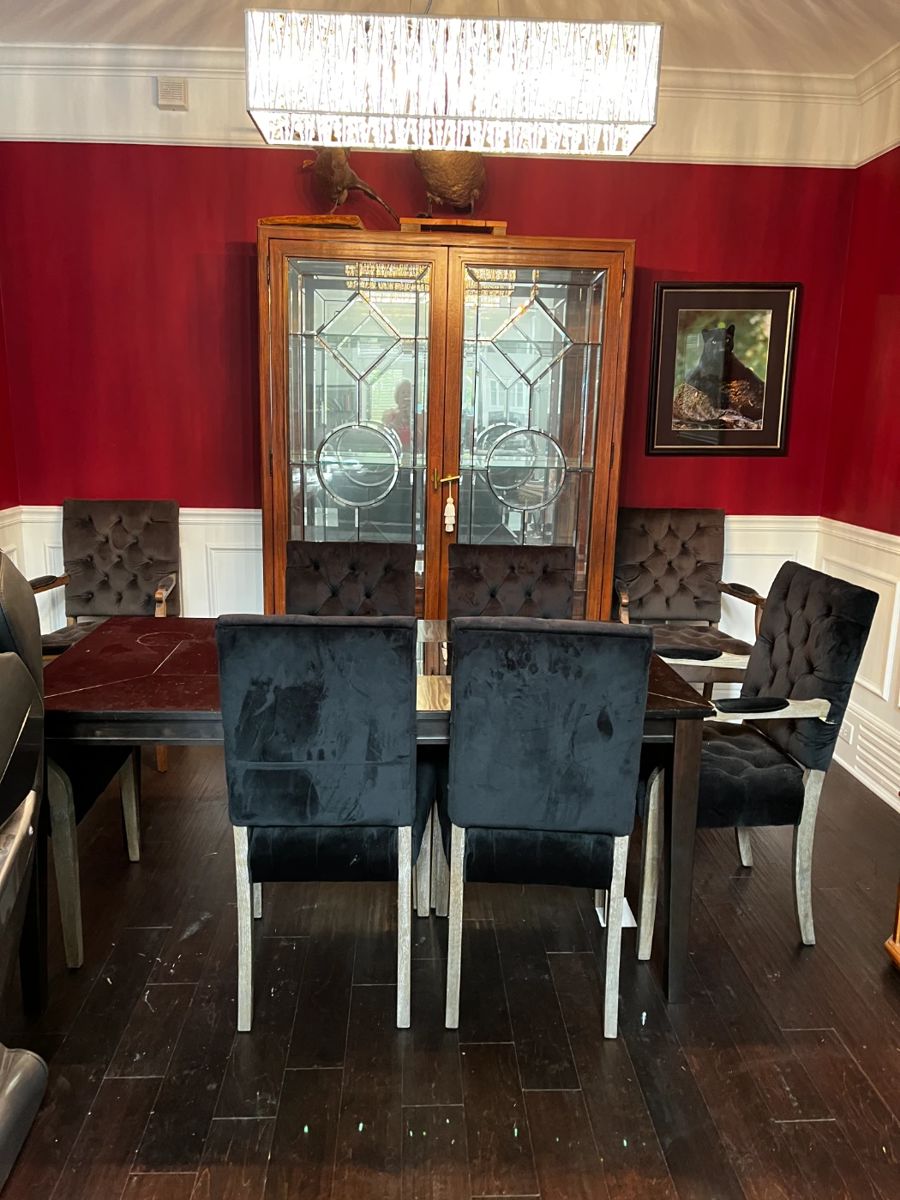 #1 Biltmore beveled glass China cabinet with 4 drawers, lighted with 2 glass shelves 54x18x80 $250.00
#2 dining table, dark wood with 6 chairs 63x35x30 $200.00