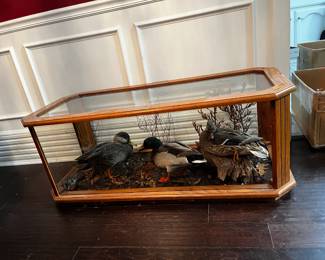 #4 handmade glass display duck coffee table with 3 mallards 49x22x19 $250.00