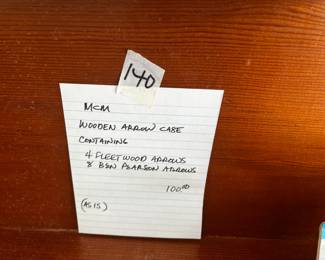 #140 MCM Wooden Arrow Case Containing 4 Fleetwood Arrows, 8 Ben Pearson Arrows (as is) $100.00