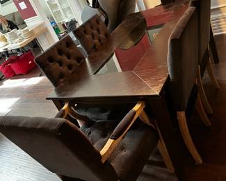 #1 Biltmore beveled glass China cabinet with 4 drawers, lighted with 2 glass shelves 54x18x80 $250.00
#2 dining table, dark wood with 6 chairs 63x35x30 $200.00