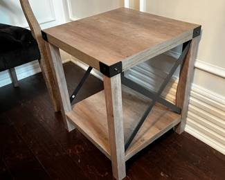 #6 square grey wood table with metal design 18x18x22 $30.00