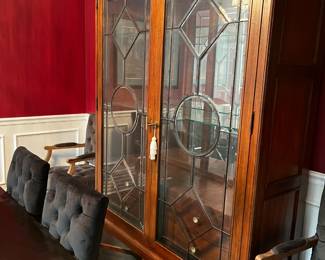 #1 Biltmore beveled glass China cabinet with 4 drawers, lighted with 2 glass shelves 54x18x80 $250.00
#2 dining table, dark wood with 6 chairs 63x35x30 $200.00