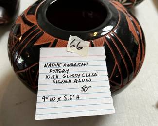 #66 Native American Pottery w/Glossy Glaze Signed Alvin 9"W x 5.5"H $50.00