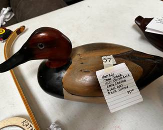 #57 Vintage Tom Taber 14.5" CanvasBack Hand Carved Glass Eyes Duck Decoy $75.00