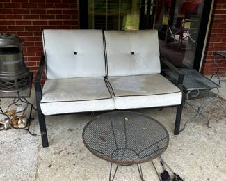 #74 Aluminum Love Seat - 48" $50.00
#75 Wrought Iron End Table - sold as a pair - 14x20x18 $30.00
#76 Wrought Iron Round Table - 23" Round x 17 $20.00