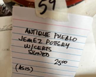 #59 Antique Pueblo Jemez Pottery w/Certs Signed (as is) $25.00