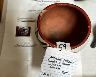 #59 Antique Pueblo Jemez Pottery w/Certs Signed (as is) $25.00
