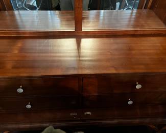 #1 Biltmore beveled glass China cabinet with 4 drawers, lighted with 2 glass shelves 54x18x80 $250.00
#2 dining table, dark wood with 6 chairs 63x35x30 $200.00