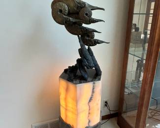Bronze Ammonite Sculpture Signed Ancient Formation Monteleone on a Marble Alabaster Illuminated Pedestal by Hovave Rappaport