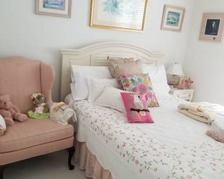 Cottage chic double bed; pink wingback chair