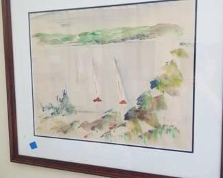 Mid-century Alfred Birdsey harbor scene. Alfred Birdsey was one of the more famous and talented watercolorists in Bermuda, his impressionistic landscapes of Hamilton, St. Georges and the surrounding sailboats, homes, and bays of Bermuda are world-renowned.