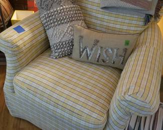 Upholstered armchair - yellow & blue check. Made in USA by Clayton Marcus